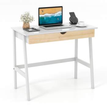 Tangkula White Computer Desk with Storage Wood Modern Writing Desk Large Drawer & Rubber Wood Legs Study Desk for Small Space