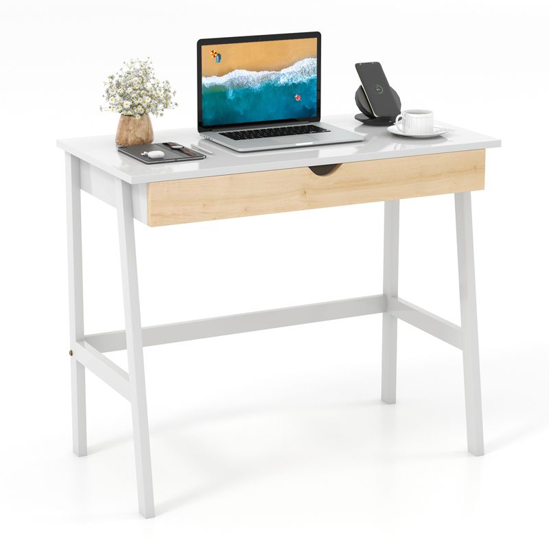 Tangkula White Computer Desk with Storage Wood Modern Writing Desk Large Drawer & Rubber Wood Legs Study Desk for Small Space, 1 of 9