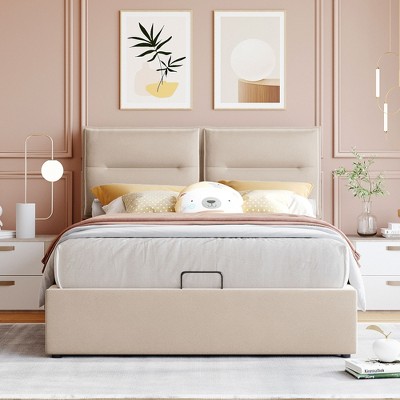 Full Size Linen Upholstered Platform Bed With Hydraulic Storage System ...