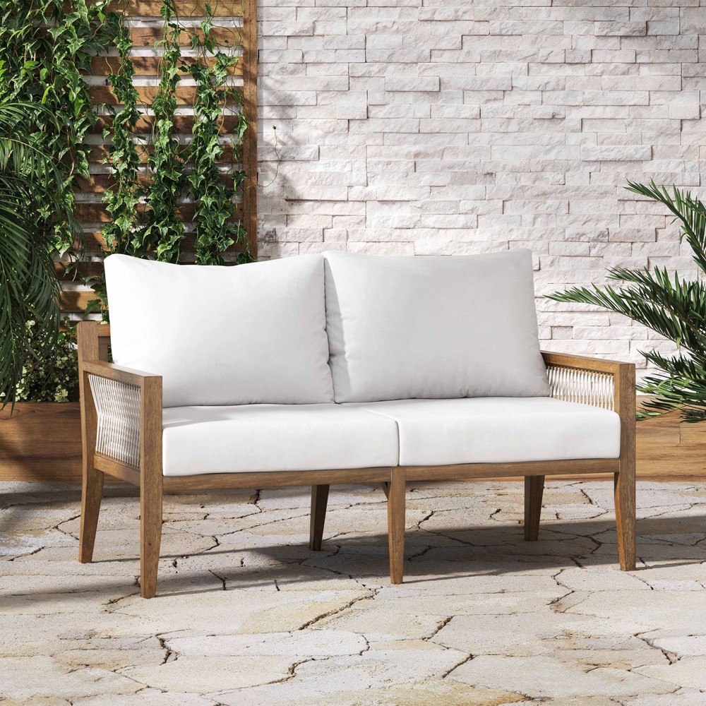 Nathan James Freya Bohemian Wood Outdoor Patio Loveseat White/Light Brown: Acacia Frame, UV-Resistant