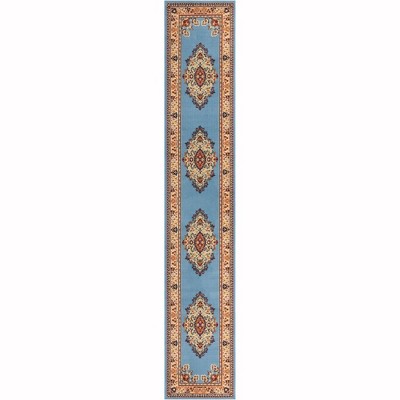 Elegant Light Blue Medallion Runner Rug, 3' x 16' 5", Synthetic Easy-Care