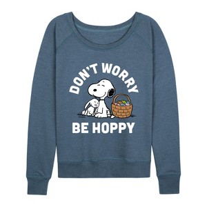 Women's - Peanuts - Don't Worry Hoppy Lightweight French Terry Wide Neck Long Sleeve Shirt - 1 of 4