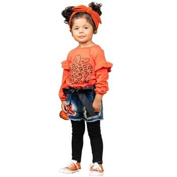 Girls Hello Pumpkin Top, Patched Denim Shorts and Legging Set - Mia Belle Girls