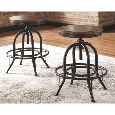 Industrial Brown Wood and Metal Swivel Barstool Set