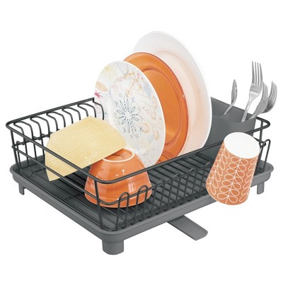 mDesign Large Kitchen Dish Drying Rack with Swivel Spout, 3 Pieces - Black/Gray