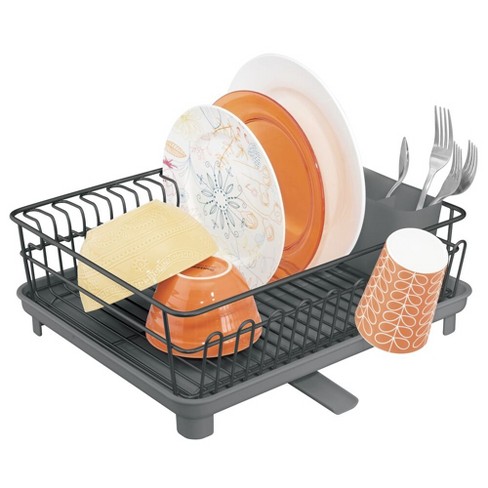 mDesign Large Kitchen Dish Drying Rack with Swivel Spout, 3 Pieces -  Black/Gray