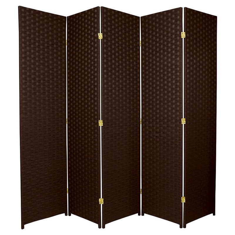 6 ft. Tall Woven Fiber Room Divider - Dark Mocha, 5-Panel, Hardwood Frame, Metal Hardware, Classic Design, 1 of 5