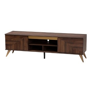 Graceland 2 Door Wooden TV Stand for TVs up to 58" Walnut Brown/Gold - Baxton Studio: Media Console with Open Shelves - 1 of 4