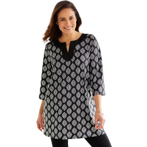 Woman Within Plus Size Contrast Notch-Neck Three-Quarter Sleeve Knit Tunic - 1 of 4