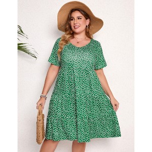 Women's Plus Size Lantern Sleeve Casual Ruffle Hem Loose Swing V Neck Tunic Mini Dress - 1 of 4