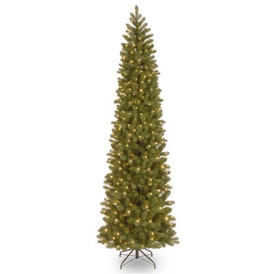 National Tree Company Pre-Lit 'Feel Real' Artificial Slim Downswept Christmas Tree, Green, Douglas Fir, White Lights, Includes Stand, 9ft