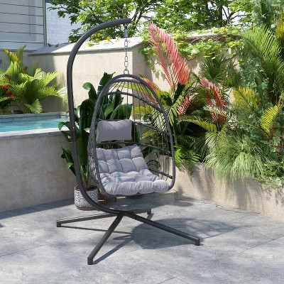 Gray Wicker Hanging Egg Chair with Cushions and Stand