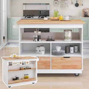 Mobile Two-Tier Kitchen Island with Rubberwood Surface, Ample Storage, Integrated Wine and Spice Shelves, Twin Drawers, and Three Open Sections - 1 of 4