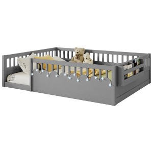 Gulches Montessori-Style Full Wood Kids Floor Bed Frame with High Rails, LED Light, Storage Shelf, Gray - 1 of 4