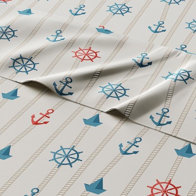 Kids Full Blue and Red Nautical Microfiber Sheet Set