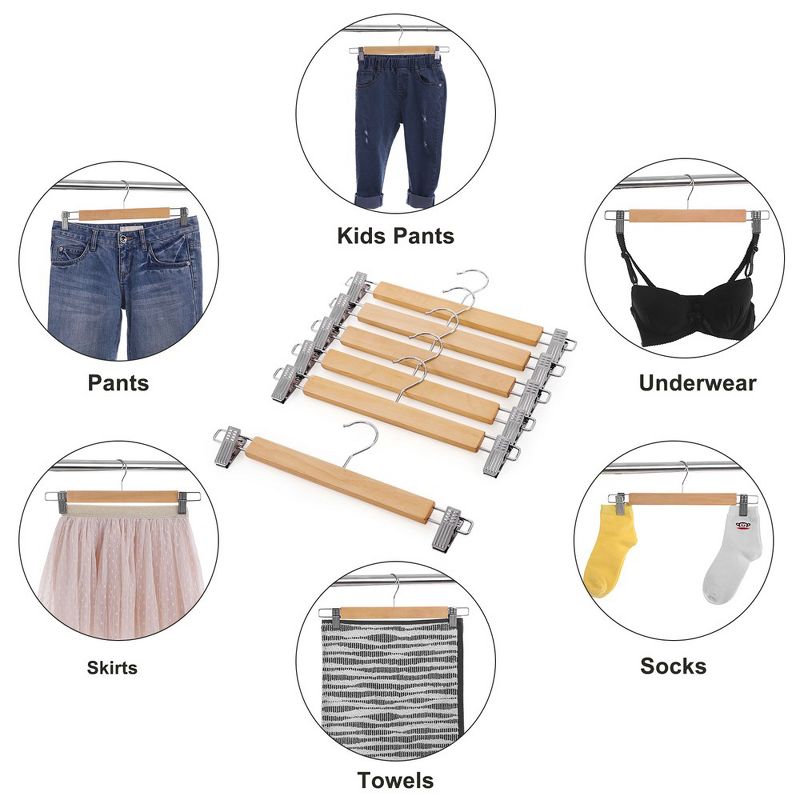 SONGMICS 12 Pack Wooden Pants Hangers Skirt Hangers with Clips 360¡ã Swivel Hook for Pants Skirts Natural, 3 of 8