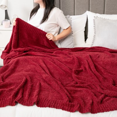 Deep Red Plush Knit Reversible Throw Blanket