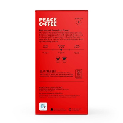 Peace Coffee Birchwood Medium Roast Nespresso Original Line Compatible Espresso Coffee Capsules - 10ct