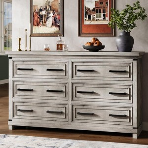 Jojoka Farmhouse 6 Drawer Dresser for Bedroom, 55” Rustic Wood Chest of Drawers - 1 of 4