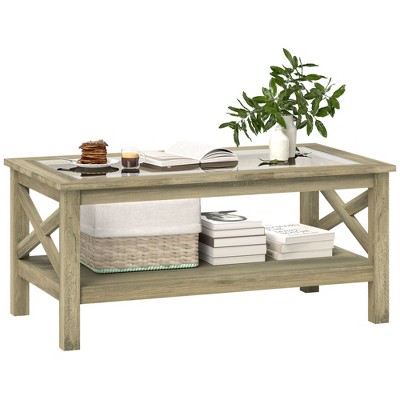 NicBex 39.3 Inch Rectangle Coffee Table with Glass Tabletop and Shelf,Farmhouse Center Table for Living Room,Bedroom