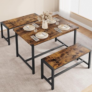 3-Piece Dining Table Set for 4 with 2 Benches, Kitchen Table with Corner Protectors, H-Shaped Frame, Compact for Apartments & Small Spaces - 1 of 4