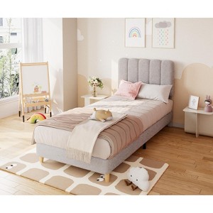 Twin Bed Frame, Boucle Upholstered Platform Bed with Wave Headboard for Girls/Kids, Easy Assembly, Wood Slats Support, No Box Spring Needed - 1 of 2