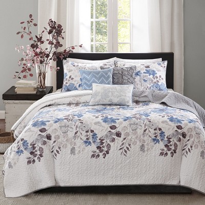 6 Pcs Elegant Watercolor Floral Print Reversible Quilt Set, All Season Bedding Sets, Cozy Home Textile for Lux Bedroom Decor