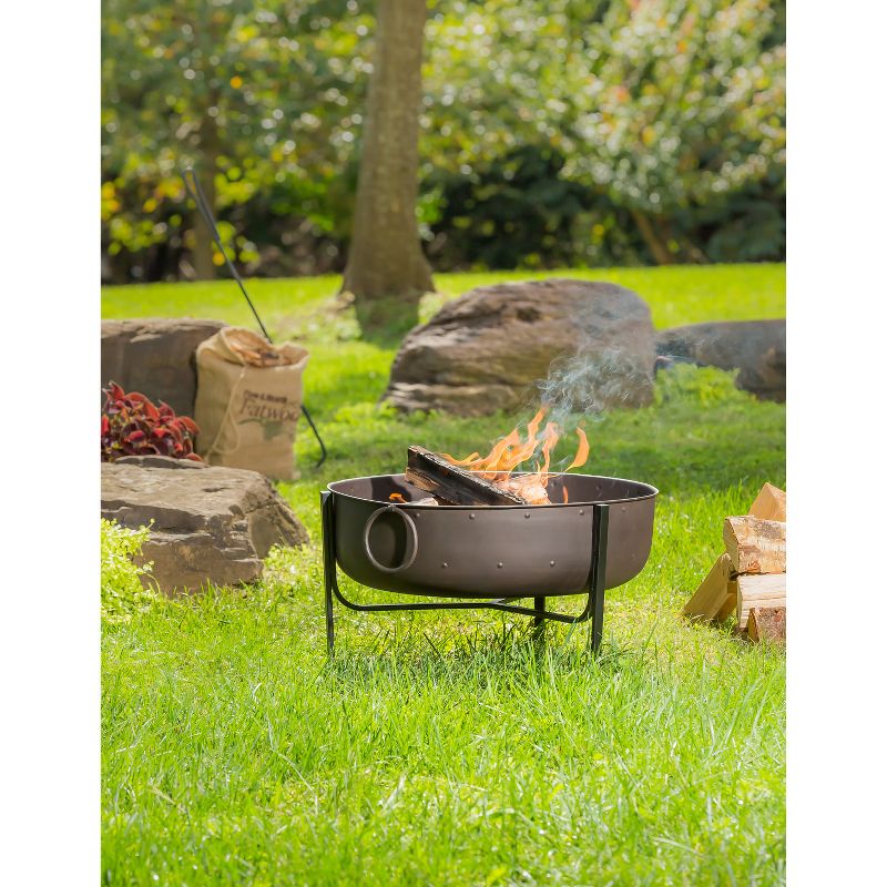Evergreen Fire Pit with Iron Loop Handles- 24.5 x 16.5 x 24.5 Inches Outdoor Safe and Weather Resistant with Log Grate and Poker, 2 of 3
