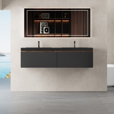Whisen Floating Wall-Mounted Bathroom Vanity with Wave-Textured Soft-Close Drawers, Basin, Pre-Assembled Cabinet