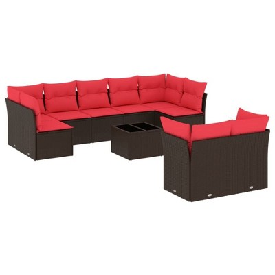 vidaXL 10 Piece Patio Sofa Set with Cushions - Brown and Red With Table