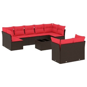 vidaXL 10 Piece Patio Sofa Set with Cushions - Brown and Red With Table - 1 of 4