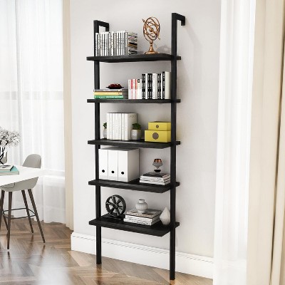 Hooseng 5-Tier Narrow Ladder Shelf, Industrial Wall Mounted Bookshelf with Wood Board and Metal Frame for Living Room, Bedroom