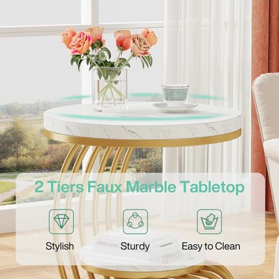 Gold and White Faux Marble Round End Table with Storage Shelf