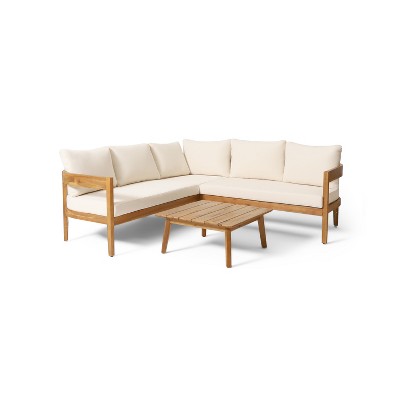 Teak Acacia Wood 5-Seater Outdoor Sectional Sofa with Beige Cushions