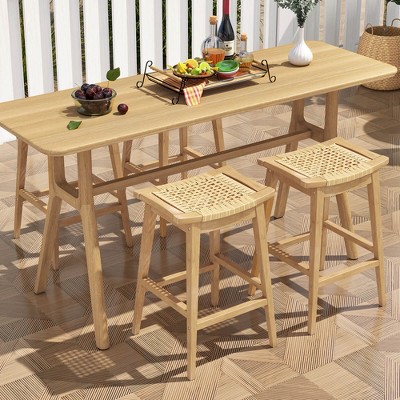 Natural Teak Wood and PE Rattan Bar Height Stools, Set of 4