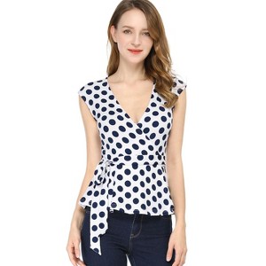 Allegra K Women's V Neck Sleeveless Self Tie Wrap Front Dotted Blouse - 1 of 4