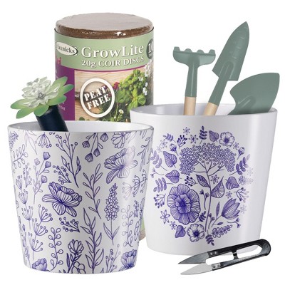 Floral Garden Starter Kit with Tools, Pots & Accessories – Blueish-Purple Flower Design, 5.5" Dia.