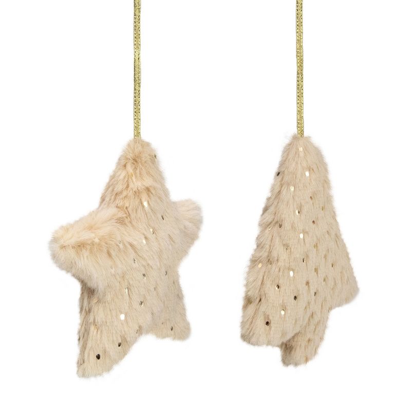 Northlight Set of 2 Beige Faux Fur Star and Christmas Tree With Sequin Ornaments - 4.25", 2 of 5