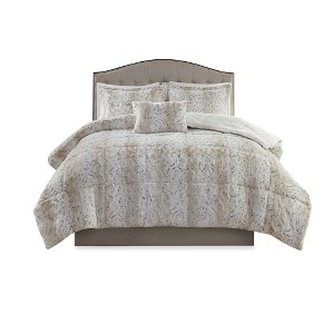 Gulches Zuri 4 Piece Beige Brown Faux Fur Comforter King Set with Decorative Pillow - 1 of 4