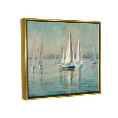 Traditional Nautical Sailboats Landscape Canvas with Gold Frame