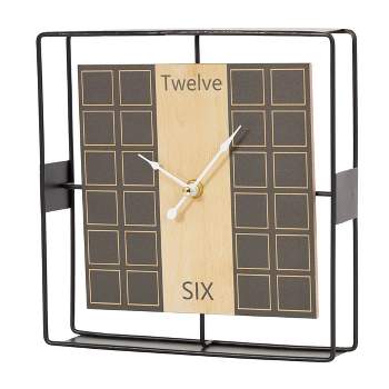 9"x9" Wooden Geometric Open Frame Square Clock with Grid Pattern Black - Olivia & May
