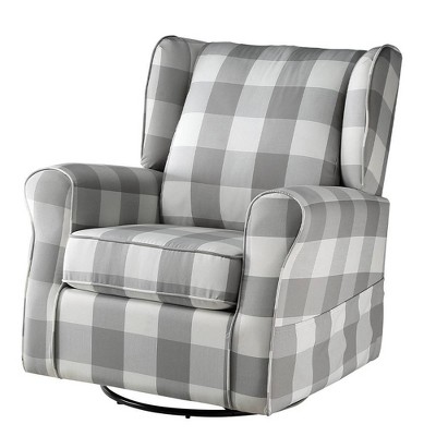 Gray Plaid Swivel Accent Chair with Wood Frame