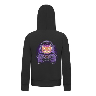 Everyday Kids Halloween Zip Up Hoodie – Gamer Pumpkin with Headphones and Controller – Cozy Fall Sweatshirt for Boys, Black