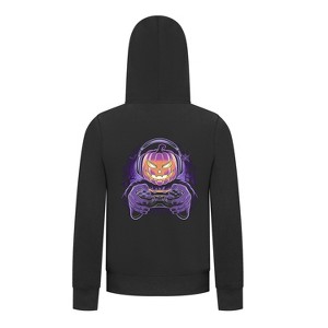 Everyday Kids Halloween Zip Up Hoodie – Gamer Pumpkin with Headphones and Controller – Cozy Fall Sweatshirt for Boys, Black - 1 of 3