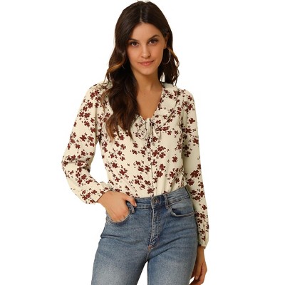 INSPIRE CHIC Women's Vintage Floral Tie V Neck Ruffle Fall Blouse Top