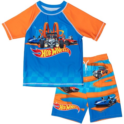 Hot Wheels Little Boys' Raglan Short Sleeve Swim Shirt and Drawstring Board Shorts Bathing Suit Royal Blue Orange 6