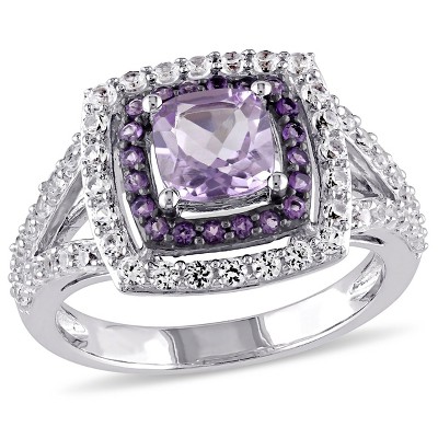 EVERLY JEWELRY | Sterling Silver 3 4/5 CT TGW Cushion Cut Rose de France, Amethyst and Created White Sapphire Double Halo Split Shank Ring