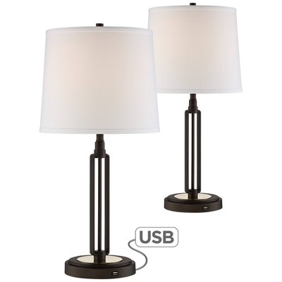 Franklin Iron Works Modern Table Lamps Set of 2 with USB Charging Port Bronze White Drum Shade for Living Room Bedroom Family