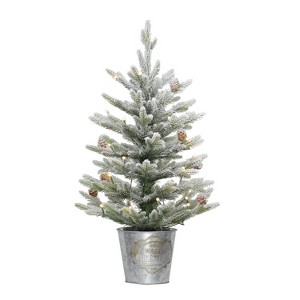 2ft Puleo Pre-Lit Flocked Tabletop Artificial Christmas Tree in Metal Pot Clear Lights - 1 of 3