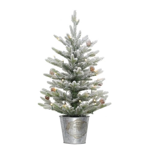 2ft Puleo Pre-lit Flocked Tabletop Artificial Christmas Tree In Metal ...